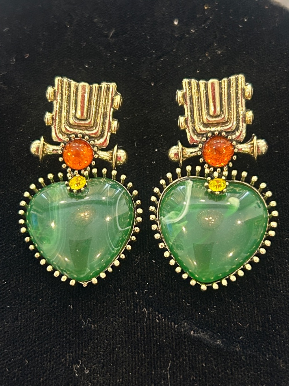 Antiqued Gold Green Heart Earrings with Orange and Yellow Accents-NWT
